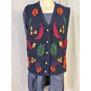 Vintage Jennifer Moore Autumn Leaf Sweater Novelty Vest Embroidered Navy L